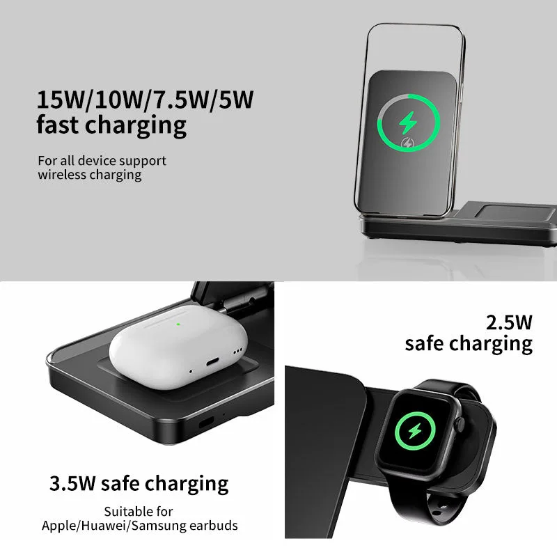 T13 Foldable 3 in 1 Wireless Charger 15W Dual Coils Tabletop induction travel power charger for Samsung/iPhone/earbuds/iwatch — photo 5