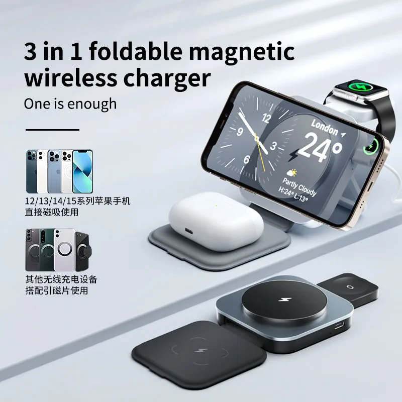 OEM T11 Super Slim Foldable 15W Magsafe 3 in 1 Wireless Charger Holder with Aluminium Alloy Finished — photo 2