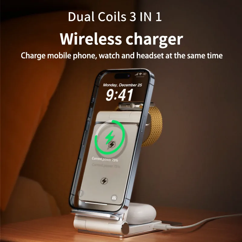 T8 Dual Coils 3IN1 Wireless Charger Aluminium Folding 15W Wireless Travel Chargers for Samsung/iPhone — photo 2