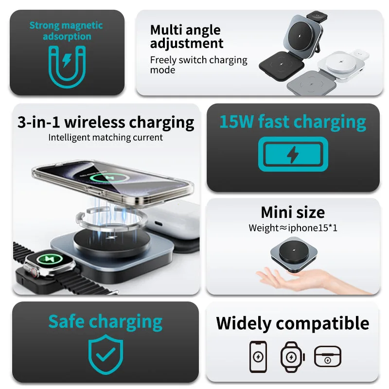 OEM T11 Super Slim Foldable 15W Magsafe 3 in 1 Wireless Charger Holder with Aluminium Alloy Finished — photo 5