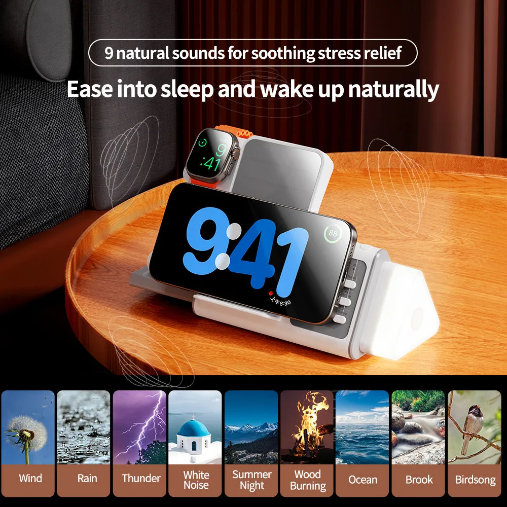 T12 5IN1 New Concept White Noise Wireless Charger with Removable LED Night Light,15W Fast Watch/Earbuds Power Charging Station — photo 5