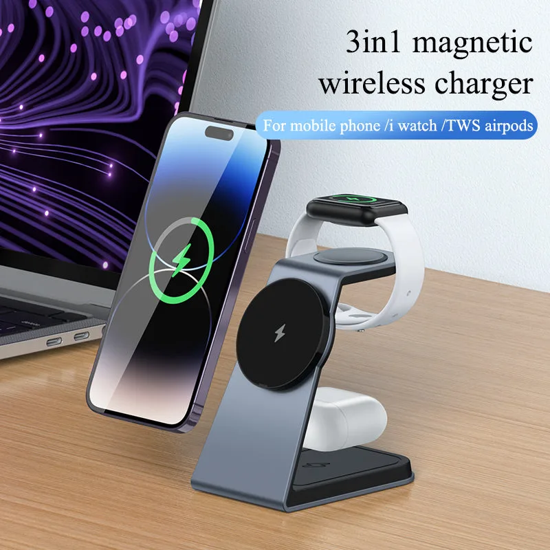 T3 Qi Certified Magnetic 3 in 1 Wireless Charger Holder for iPhone12/13/14/15/16/Airpods/Apple watch — photo 2