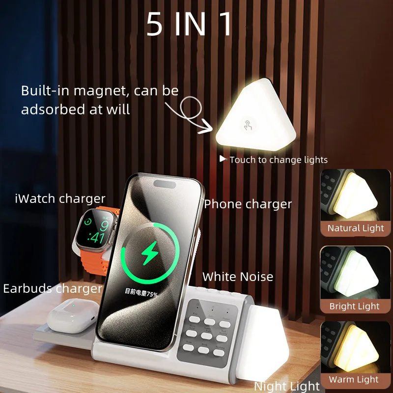T12 5IN1 New Concept White Noise Wireless Charger with Removable LED Night Light,15W Fast Watch/Earbuds Power Charging Station — photo 2
