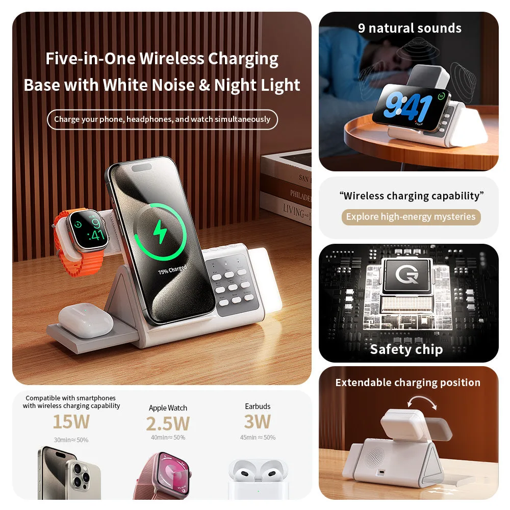 T12 5IN1 New Concept White Noise Wireless Charger with Removable LED Night Light,15W Fast Watch/Earbuds Power Charging Station — photo 4