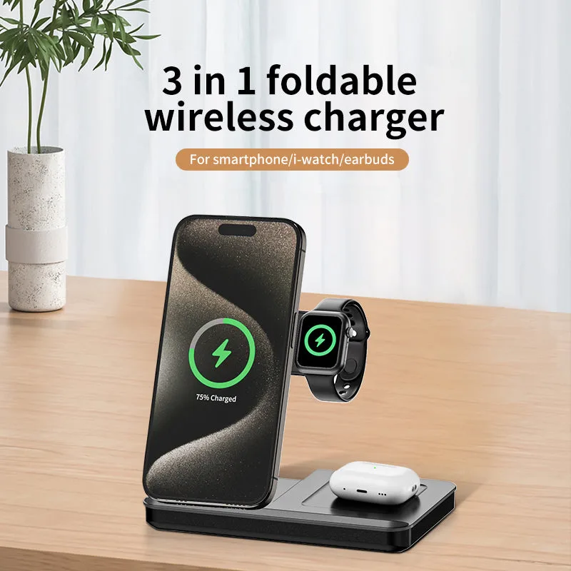 T13 Foldable 3 in 1 Wireless Charger 15W Dual Coils Tabletop induction travel power charger for Samsung/iPhone/earbuds/iwatch — photo 2