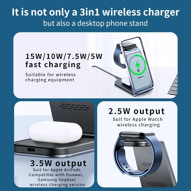 T6 Qi Certified 3 in 1 Wireless Charger Holder, Dual Coils Aluminium Desk Power Charger for Samsung for iPhone/Samsung — photo 2